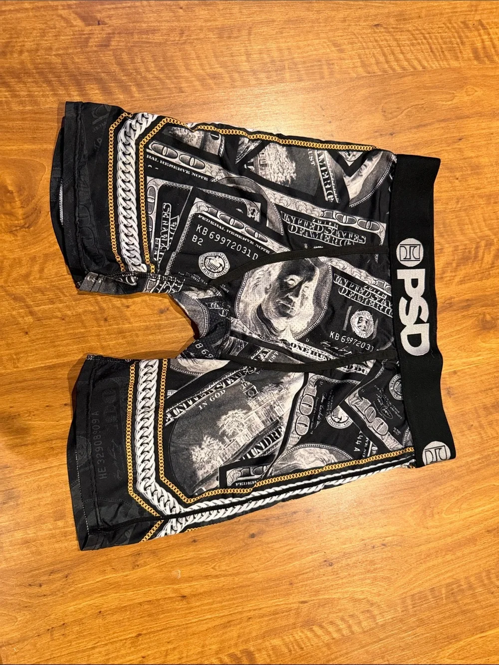 PSD Men’s Black Money-Print Athletic Shorts with Gold Trim